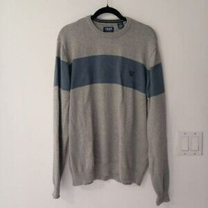 Chaps Gray & Blue Striped Mens Sweater XL 100% Cotton Crewneck